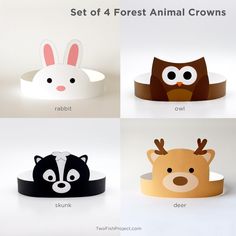 four different types of animal crowns for children to wear on their head and neck, with the words set of 4 forest animal crowns