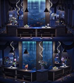 two pictures of the same room in an aquarium