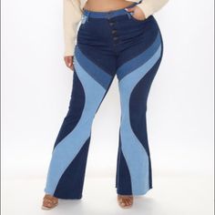 Plus Size High Waist Patchwork Denim Flare Jeans. -Very Stretchy Denim -34” Inseam -11-1/2” Waist Height -Button Up Front With Four Buttons -Fray Hem -67% Cotton, 28% Polyester, 3% Viscose, 2% Spandex -Size 2x Fitted Light Wash Patchwork Jeans, Fitted Patchwork Denim Flare Jeans, Fitted Denim Flare Jeans With Patchwork, Blue Mid-rise Patchwork Bottoms, Blue Patchwork Mid-rise Bottoms, Mid-rise Blue Patchwork Bottoms, High-rise Patchwork Denim Blue Jeans, Color Block Denim Straight Leg Bottoms, Patchwork Medium Wash Denim Flare Jeans