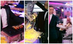 three different shots of men in tuxedos cooking food on grills at an event