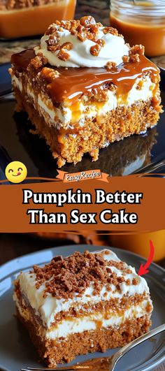 Decadence meets fall in our Pumpkin Better Than Sex Cake, layered with creamy topping, rich pumpkin spice, and toffee bits, creating a dessert that truly lives up to its name. #PumpkinCake #DecadentDessert #FallBaking Better Than Anything Pumpkin Spice Cake, Better Than Fall Pumpkin Cake, Pumpkin Crunch Cheesecake, Halloween Desserts For Work, Pumpkin Better Than Anything Cake, Halloween Pumpkin Desserts, Pumpkin Angel Food Cake Recipe, Pumpkin Dessert Ideas, Pumpkin Desserts Easy