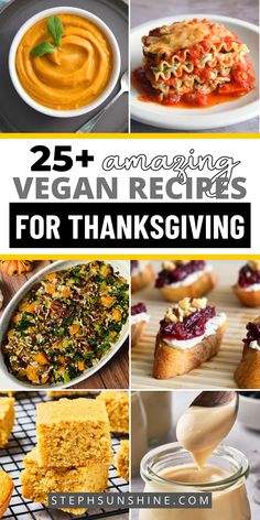 A collage of 6 vegan Thanksgiving dishes, including mashed butternut squash, vegan lasagna, butternut squash casserole, cranberry crostini, cornbread, and vegan vanilla pudding; text says, "25+ amazing Vegan recipes for Thanksgiving." Vegan Thanksgiving Menu, Vegan Thanksgiving Dinner, Gluten Free Thanksgiving Recipes, Vegan Holiday Recipes, Gluten Free Thanksgiving, Vegetarian Thanksgiving, Vegan Thanksgiving Recipes, Vegan Holidays, Oil Free Vegan