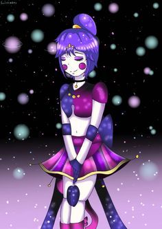 a cartoon character with purple hair and blue eyes, wearing a costume that looks like she is