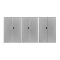 four metal storage cabinets with doors on each side