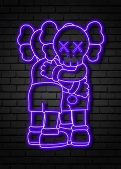 a neon sign with an image of a person hugging in front of a brick wall