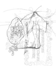 a drawing of a dress hanging on a string with beads and chains around it,