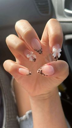 #nails #nailinspo #inspo #bow #cheetah Nail Ideas Pointy Almond, Cute Chic Nails, Simple Oval Nail Ideas, Cute New Years Nails Almond, Chita Print Nails Design, Nail Inspiration Coquette, Jaguar Nails Design, Oval Cheetah Nails, Nails To Practice