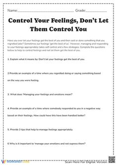 the text on this worksheet reads control your feelings, don't let them control you