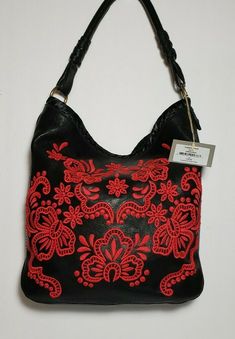 NWT ISABELLA FIORE VICTORIAN FEEL EMBROIDERED RED AND BLACK LARGE HOBO EMBROIDERED STUDDED SHOPPER TOTE $425 BRAND NEW WITH TAGS IS A STUNNINGLY BEAUTIFUL DESIGNER HOBO BAG. ISABELLA FIORE VICTORIA TOTE, RED EMBROIDERY ON A BLACK BASE,THIS SATIN HANDWHIP STICHED TOP RIM . LARGE MAGNETIC CLOSE REAR POCKET BRASS HARDWEAR ACCENTS 2 INSIDE POUCHS AND ZIPPERED SIDEWALL COMPARTMENT. MEASURES APPROX. 12” HIGH x 12” ACROSS x 4” DEEP AND APPROX 11” SHOULDER STRAP DROP. 13 WITH SLOUCH CONDITION IS NEW WIT Designer Hobo Bag With Removable Pouch For Shopping, Designer Hobo Bag With Removable Pouch, Designer Hobo Bag With Double Handle For Errands, Designer Double Handle Hobo Bag For Errands, Designer Embroidered Top Handle Bag, Designer Shoulder Bag For Summer Shopping, Designer Summer Shoulder Bag For Shopping, Designer Hobo Tote Bag, Designer Embroidered Tote Bag