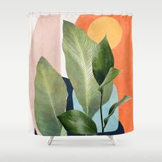 a shower curtain with leaves on it and the sun in the sky behind them,