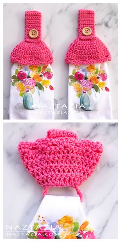 crocheted flower pot holders are shown in three different colors and sizes, one is pink