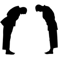 two silhouettes of men facing each other with their hands in their pockets, one is bent over and the other has his head down