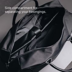 Designed to be minimal and understated, we've made a bag perfect for everyday use. Our minimalist holdall has an outer zip pocket, a grab handle, three inside pockets, and a leather shoulder strap, as well as a magnetic slot for easy access to your belongings. 47cm x 22cm x 27cm (can be used as carry-on luggage). Water-resistant. 28-litre capacity. Includes detachable shoulder strap. Outer zip pocket perfect for accessories. Two open inside pockets and one inside zipped pocket. Made from vegan l Everyday Weekender Bag With Top Handle And Adjustable Strap, Modern Gym Bag With Luggage Sleeve For On-the-go, Versatile Briefcase With Zipper Closure For On-the-go, Modern Weekender Bag With Top Carry Handle, Modern Travel Bag With Double Handle For On-the-go, Modern Top Handle Travel Bag For Everyday Use, Everyday Use Duffle Bag With Double Handle, Double Handle Duffle Bag For Everyday Use, Versatile Duffle Bag With Zipper Pocket For On-the-go