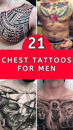 mens chest tattoos with the words 21 chest tattoos for men on it and below them