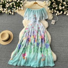 size: 2XL, Color: green Straight Shoulders, Chiffon Long Skirt, Long Chiffon Skirt, Dress With Ruffles, Floral Print Chiffon, Holiday Dress, Evening Attire, Summer Holiday, Flowing Maxi Dress