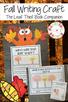 fall writing craft with leaves, acorns and an image of the leaf thief book companion