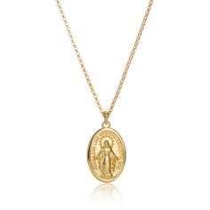 I promise to watch over you, now and forever. The 18ct gold vermeil Miraculous Mary Medal Necklace showcases the Mother Mary beautifully etched on the pendant. A constant reminder that the one you love is always protected and loved by those around her. A perfect girl's First Communion gift or a precious baptism gift, this girl's Miraculous Mary Medal necklace is set on an adjustable chain to fit most ages and sizes and can be worn throughout her life.  Arrives with luxury gift wrap for you to de Gold Miraculous Medal Necklace Gift, Gold Miraculous Medal Pendant Necklace, Gold Pendant Charm Necklace With Miraculous Medal, Spiritual Yellow Gold Keepsake Necklace, Gold Oval Pendant Charm Necklace Engraved, Gold Miraculous Medal Jewelry For Memorial, Miraculous Medal Pendant Necklace For Anniversary, Gold Jewelry With Miraculous Medal For Memorial, Yellow Gold Miraculous Medal Necklace As Gift