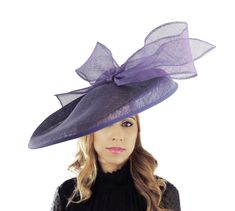 Hats By Cressida Kentucky Derby Ascot Fascinator Hats Dark Purple Barn Owl Fascinator Hat Gorgeous extra large dark purple sinamay flat saucer hatinator trimmed with a purple modern take on a bow This dark purple fascinator measures 48cm wide or about 19 inches This headpiece is mounted with a matching headband.   If you prefer a headband to match your hair, please make a note at check out what colour headband you want. Our Barn Owl Saucer Fascinator Hatinator that's perfect for any formal occasion, wedding, horse racing events like the Kentucky Derby, Ascot,Dubai World Cup and Glorious Goodwood.  Featuring an extra large sinamay flat saucer base and sinamay bow, this elegant cocktail hat is ideal for women who want to make a statement at the Epsom Derby,Kentucky Oaks, Preakness or mother Fitted Purple Hat With Short Brim, Purple Top Hat For Royal Ascot, Fitted Purple Costume Hat With Short Brim, Purple Fitted Wide Brim Costume Hat, Purple Wide Brim Hat For Races, Fitted Purple Wide Brim Top Hat, Purple Curved Brim Costume Hat For Party, Purple Top Hat For Races, Purple Costume Hat With Curved Brim For Party