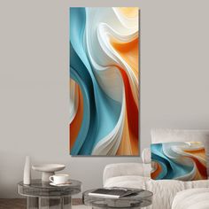 an abstract painting on the wall in a living room with white furniture and coffee table