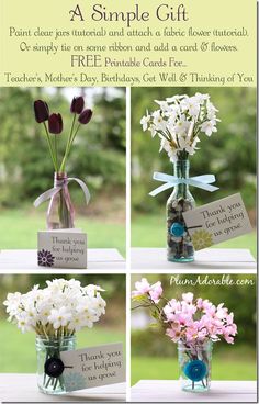 four different vases with flowers in them sitting on a window sill, one has a sign that says a simple gift