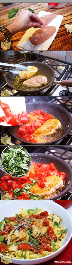 four different types of food being cooked in pans