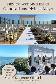 an outdoor ceremony with white chairs and flowers on the aisle, in front of water