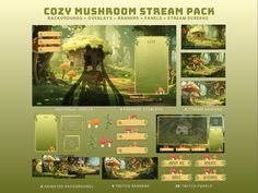 an image of the game's screens and menus, with text that reads cozy mushroom stream pack