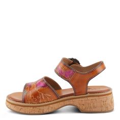 L`ARTISTE Style: KENNA Personal style meets fashion with this charming sandal! This style is so delicate and comfortable that it will surely be the most talked about at all of your events! Upper: Leather Lining: Faux Leather Insole: Faux Leather Outsole: Rubber Closure: Hook and Loop Heel Height: 2" Platform Height: 1" Features: - Crafted from premium, hand-painted, soft leather, these sandals ensure durability and long-lasting comfort. - The cork wrapped, low platform heel offers stability with Brown Low Heel Sandals For Summer, Summer Cushioned Low Heel Sandals, Summer Sandals With Cushioned Footbed And Low Heel, Adjustable Low Heel Summer Sandals, Adjustable Low Heel Sandals For Summer, Brown Low Heel Sandals For Beach, Summer Closed Toe Slingback Sandals With Heel Loop, Summer Closed Toe Sport Sandals With Heel Loop, Closed Toe Sport Sandals With Heel Loop For Summer