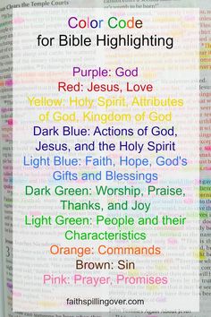 an open bible with the words color code for bible highlighting