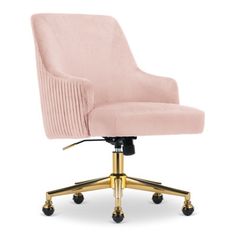 a pink office chair with gold wheels