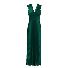 Elegant Green Maxi Dress With Pleated Back, Green V-neck Dress With Pleated Waist, Formal Green Maxi Dress With Pleated Back, Evening V-neck Pleated Dress, Green Pleated Dress For Evening, Green Pleated Dress With Pleated Bodice For Evening, Green Pleated Bodice Dress For Evening, Chic Green V-neck Dress For Evening, Green Evening Maxi Pleated Dress