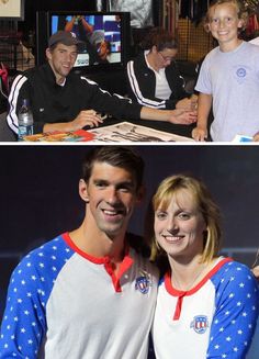 two photos side by side one shows a man and woman sitting at a table while the other is smiling