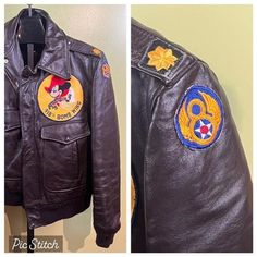 Vintage 1950's Golden Fleece Bomber / Flight Jacket, A-2 style. Made from 100% leather. It is brown in color. Has 2 snap down front pockets. Has Talon zipper pulls. Features 918th Bomb Wing, "The Muskateer" patch on front left chest, 8th Air Force patch on the shoulder , US Air Force Patch on right shoulder, ( it is barely hanging on, it will be removed and placed in the pocket, so as to not get lost) and gold major insignias on the shoulder straps. The cuffs and waist are banded, material has no damage.  Size 44R. 48" around at armpit, 25" long & 27"sleeves. Vintage Leather Jacket With Double-needle Stitching For Winter, Retro Brown Biker Jacket With Pockets, Brown Leather Military Outerwear, Vintage Biker Jacket With Double-needle Stitching For Fall, Vintage Winter Biker Jacket With Double-needle Stitching, Retro Leather Biker Jacket With Pockets, Vintage Long Sleeve Biker Jacket With Button Closure, Retro Vintage Brown Outerwear With Button Closure, Vintage Winter Biker Jacket With Flap Pockets