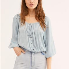 Silky Buttondown Blouse Featuring Pleat Detailing. Drawstring Neckline, Elastic Waistband And Cuffs, Dolman Sleeves Machine Wash Cold 100% Polyester Mint Sage Color, More Of A Light Blue. Sits At Waist. Casual Button-up Peasant Top For Fall, Casual Button-up Peasant Top For Summer, Balloon Sleeves Blouse, Kiss On The Cheek, Beige Blouse, Drawstring Neckline, Free People Blouse, White Long Sleeve Top, Sage Color