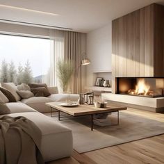 a living room filled with furniture and a fire place next to a large window on top of a hard wood floor