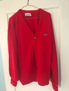 WoW!!! Straight from a local estate comes this OLD-TIME Izod Lacoste Cardigan Sweater. You'll love the content & detail. Condition is ok for age. Buttons are intact. Shows some wear from being worn. Not abused. Could use a good cleaning. Selling as found. You please be the judge of condition... See photos for condition. What you see is what you get. Measures around 20 inches across, shoulder to shoulder. Measures around 28 inches tall, upper collar to bottom edge. Nicely marked... see photos. Bu Vintage Cotton V-neck Outerwear, Retro Cotton V-neck Outerwear, Vintage Crew Neck Cotton Cardigan, Red Vintage Crew Neck Outerwear, Vintage Red V-neck Cardigan, Vintage Red V-neck Outerwear, Lacoste Cardigan, Izod Lacoste, Boy Fits