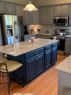 Dallas White Granite countertops. Blue Cabinets With Granite Countertops, Dallas White Granite Kitchen, Blue Granite Countertops, Navy Cabinets, Cabinets To Go, White Granite Countertops, Brown Granite, Blue Granite