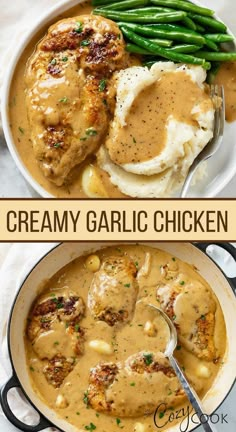 creamy garlic chicken with gravy and mashed potatoes in a skillet on the side