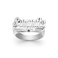 With its distinctive double heart design, the LEE113D name ring is a delightful way to celebrate romantic occasions. Personalize this custom ring with the name of your choice. Treat yourself or make it a gift for loved ones, birthdays, anniversaries, or celebrations. * Personalize with name of your choice (only first letter is capitalized) * 10k Yellow or White Solid Gold (weighs about 3.9g to 5.2g) * 14k Yellow, White, or Rose Solid Gold (weighs about 4.2g to 5.7g) * Measures approx. 10mm from Script Heart, Jewelry Classic, River Edge, Name Ring, Name Rings, Custom Ring, Double Heart, Monogrammed Items, Fine Rings