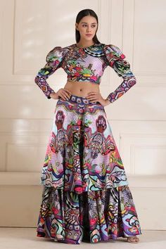 Shop for Alpona Designs Multi Color Viscose Dupion Humming Bird Print Lehenga And Blouse Set for Women Online at Aza Fashions Anarkali Sharara With Digital Print For Party, Multicolor Digital Print Georgette Lehenga, Anarkali Lehenga With Digital Print For Party, Diwali Party Lehenga With Digital Print, Anarkali Choli With Digital Print For Party, Party Anarkali Choli With Digital Print, Fitted Digital Print Dress For Diwali, Fitted Dress With Digital Print For Diwali, Party Sharara With Digital Print In Georgette