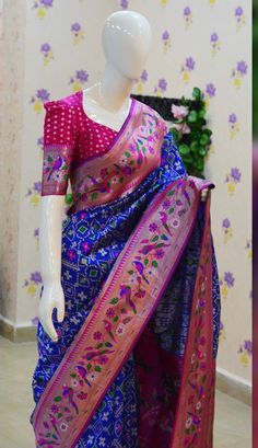 🪷🪷 Beautiful banarasi patola paithani saree paired up with pretty banaras weaving blouse. Blouse sizes can be customized.  for your size with maggam work Multiple pieces available 🪷🪷 Ready to wear  blouse fits to 34 to 46 we are bringing saree also ready to wear with fall, pico and fancy tussels  contact seller for availability Blouse Design For Daily Wear Saree, Patola Silk Saree, Blouse Design For Patola Saree, Blouse For Paithani Saree, Patola Saree Blouses, Blouse For Patola Saree, Paithani Blouses, Paithani Saree Blouse Pattern With Work, Benaras Saree Blouse Designs Latest