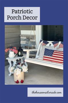 patriotic porch decor is displayed on the front porch