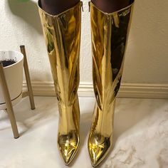 Brand New Gold Boots Mid-Calf Inward Zipper Closure 4 Inch Heel Gold Knee-high Boots For Fall, Gold Round Toe Heeled Boots For Fall, Gold Heeled Boots With Round Toe For Fall, Gold Pointed Toe Boots For Fall, Gold Boots With Round Toe And Medium Width, Gold Boots With Reinforced Heel And Round Toe, Gold Heeled Boots With Reinforced Heel And Round Toe, Gold Ankle-high Boots For Evening, Gold Boots For Spring Evening