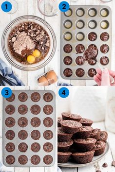 the steps to making chocolate cupcakes in muffin tins are shown here