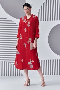 Red shirt dress with thread embroidery in abstract pattern. Paired with slip. - Aza Fashions Thread Dress, Embroidered Shirt Dress, Red Shirt Dress, Red Thread, Thread Embroidery, Silk Embroidery, Red Shirt, Women Dresses, Shirt Women