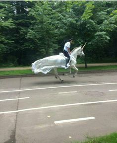 a man riding on the back of a white horse down a street next to trees