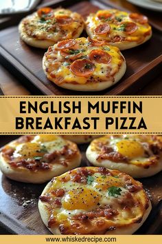 english muffin breakfast pizzas with cheese and tomato toppings on wooden serving tray