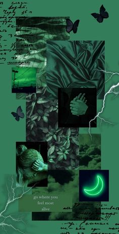 a collage of photos with green and black