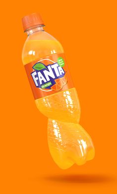 a bottle of fanta orange juice on an orange background with the word fanta above it