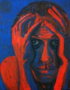 a painting of a woman covering her face with red and blue paint on a black background